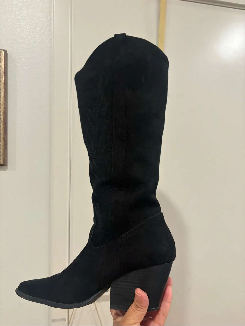 Suede Black Knee-High Pointed Toe Women's Boots